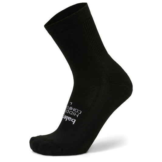 A black athletic sock is displayed isolated on a white background.