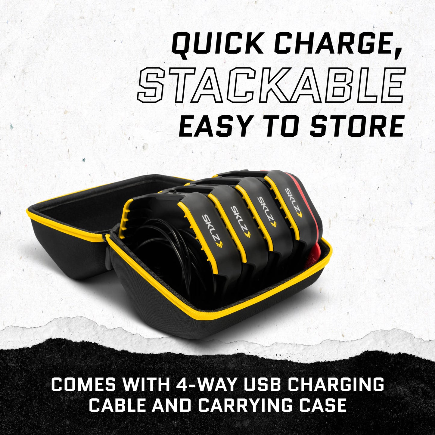 Stackable ski gear with USB charging cable stored in a carry case on a white background