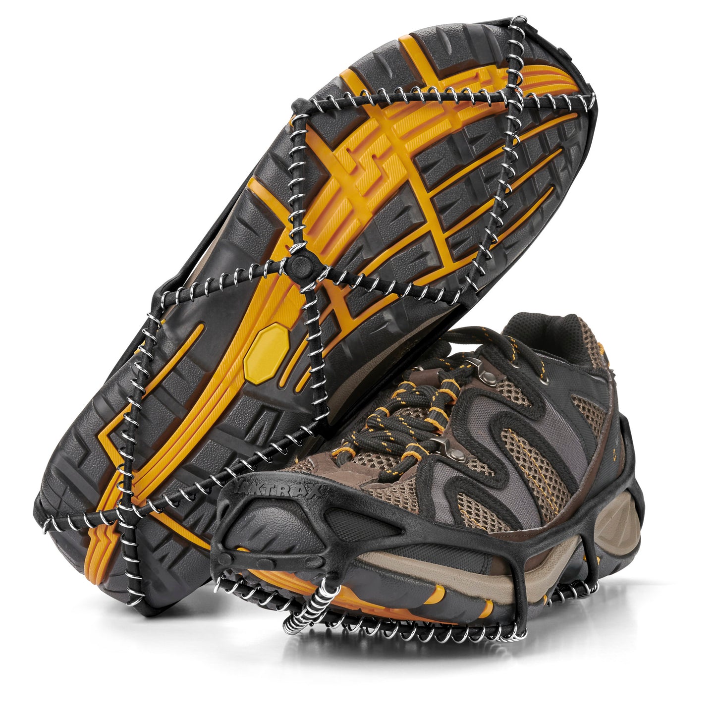 Trail running shoes are equipped with traction devices for snow and ice environments
