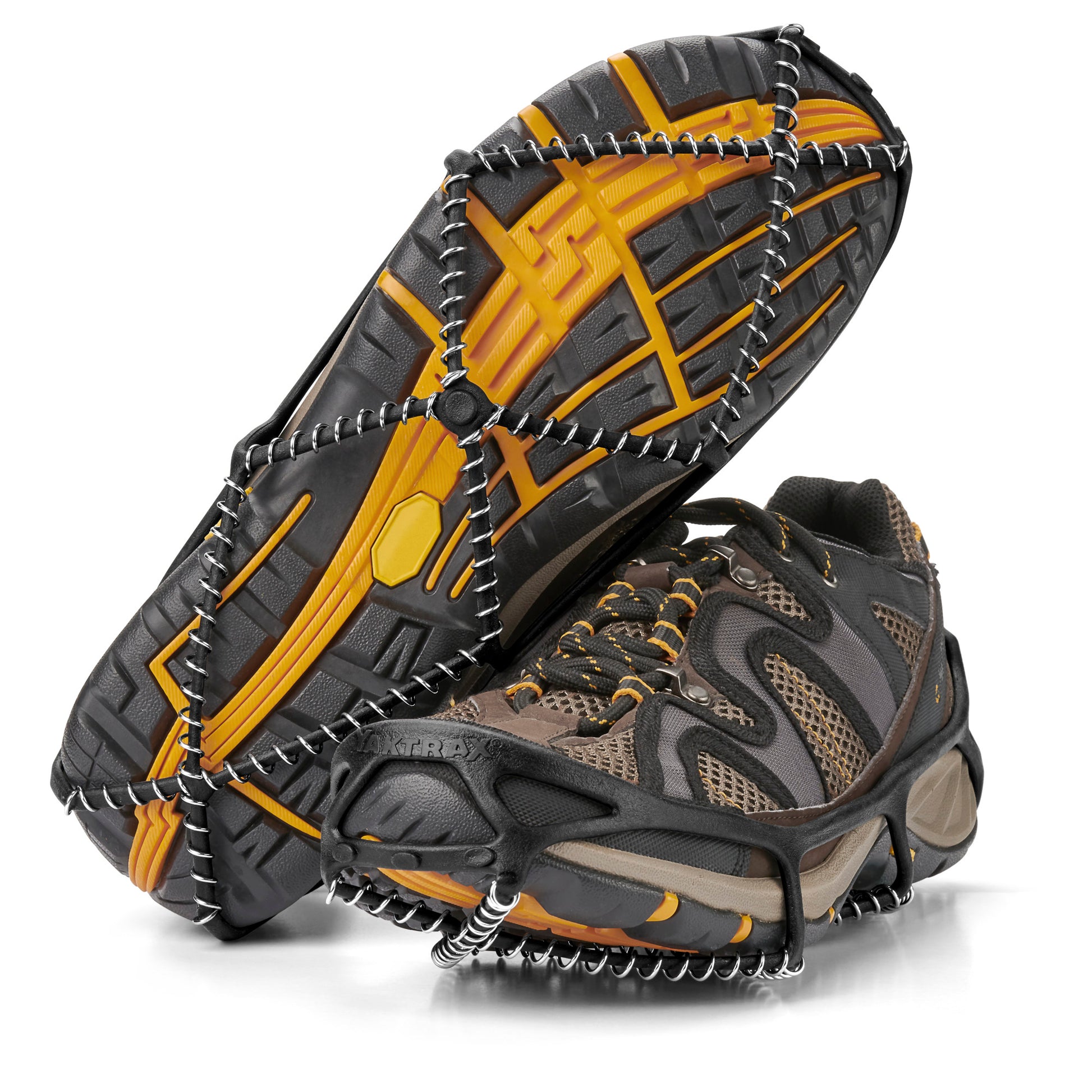 Trail running shoes are equipped with traction devices for snow and ice environments