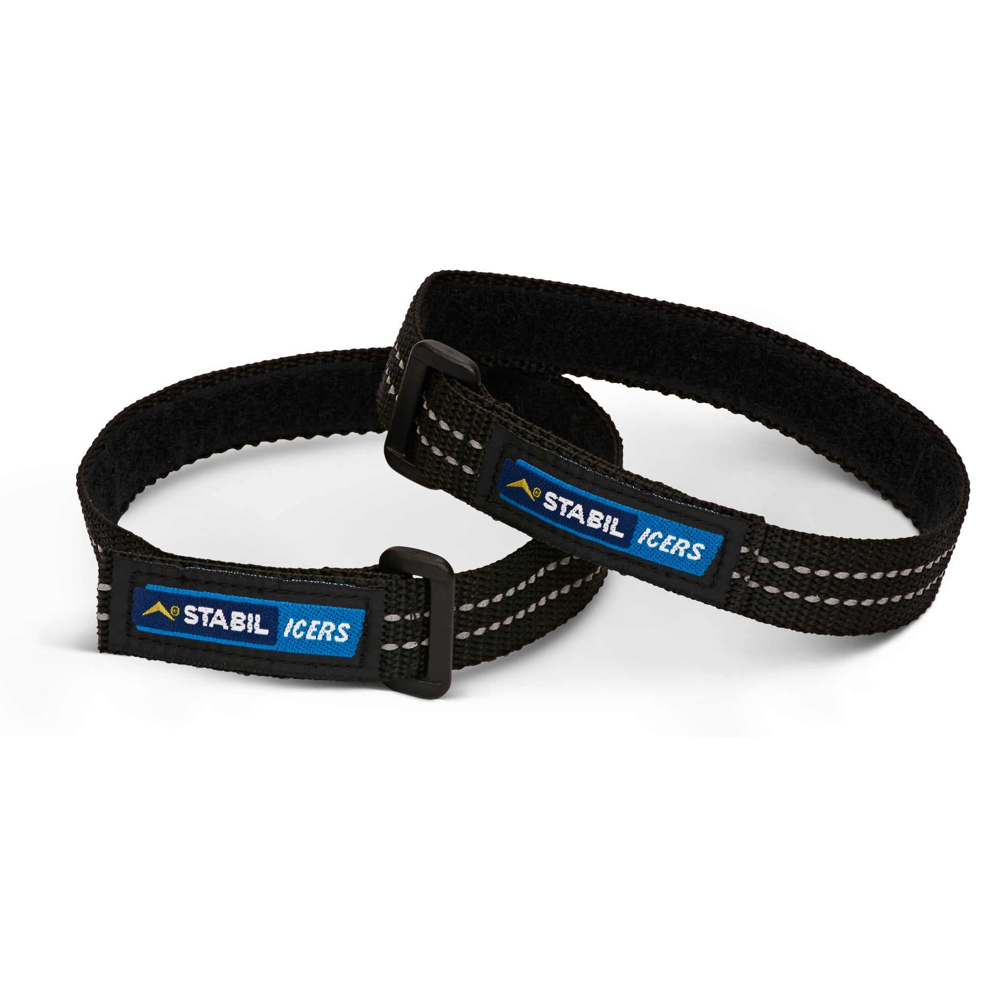 Two adjustable black straps with blue logos are used to secure ice conditions.
