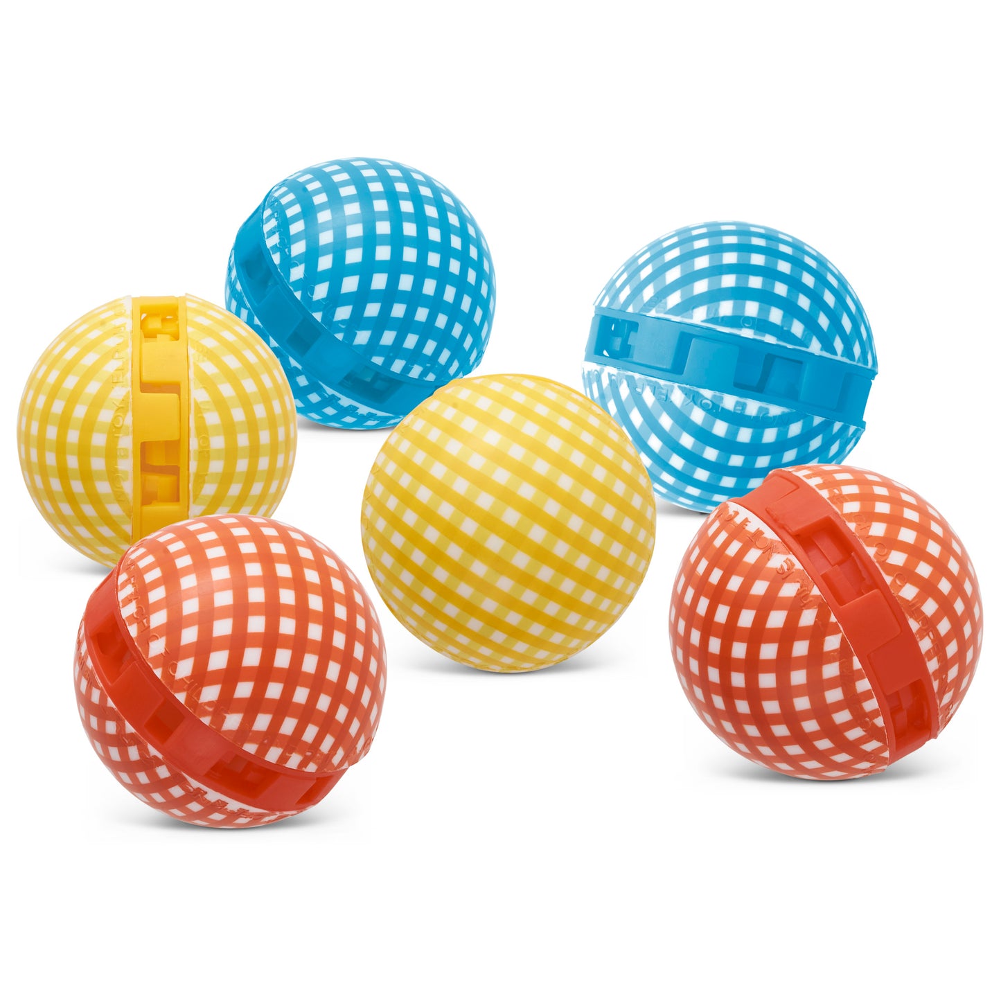 Colorful plastic balls with checkered patterns are scattered on a white background.