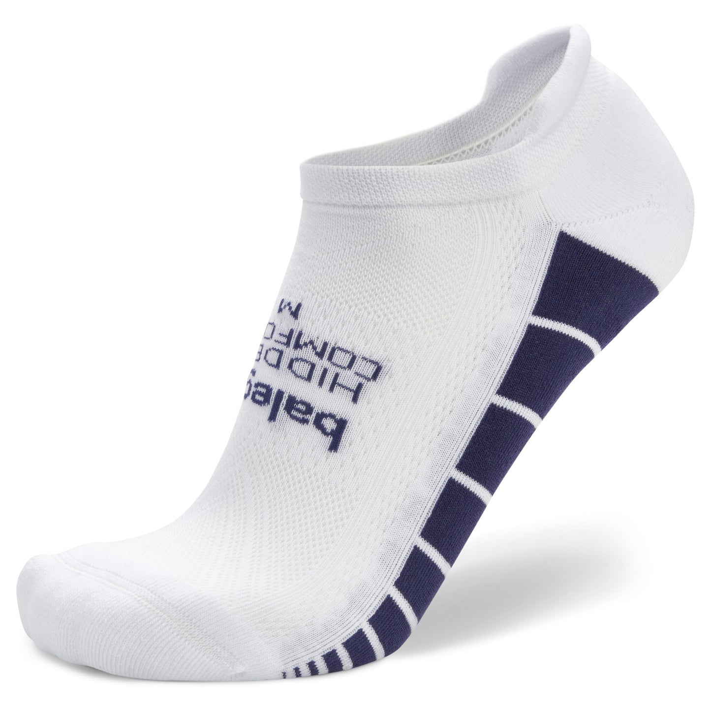 A white athletic sock with navy accents and baleaf branding on a plain background