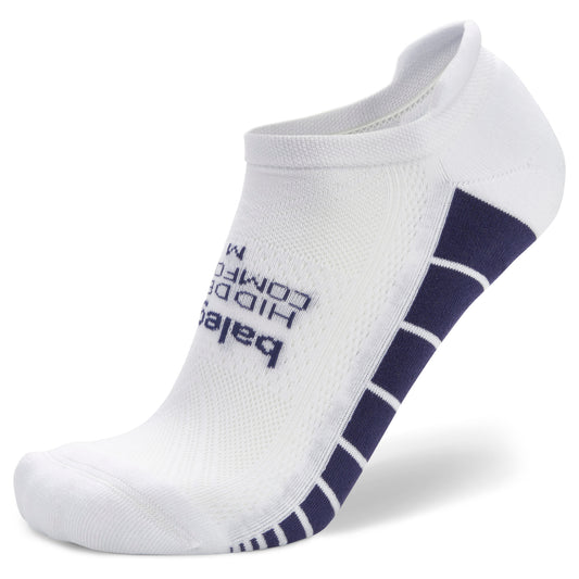 A white athletic sock with navy accents and baleaf branding on a plain background