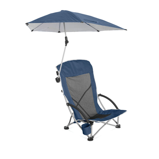 The chair tilts on its stand beneath a blue and white umbrella outdoors for shade.