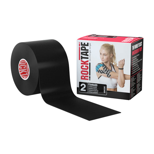 Roll of black athletic tape being used on a woman's arm in a sports store.