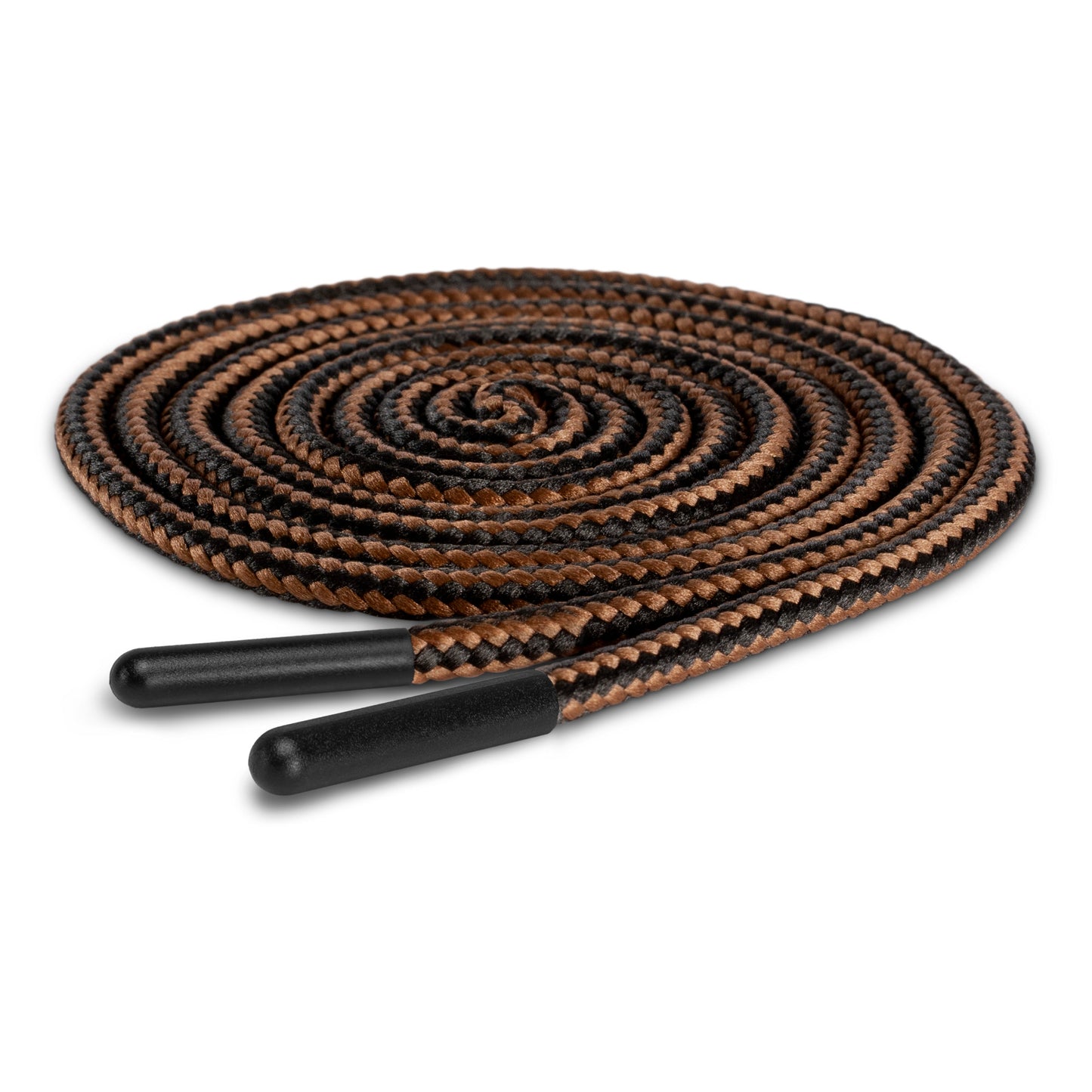 Brown and black shoelaces coiled on a white surface.