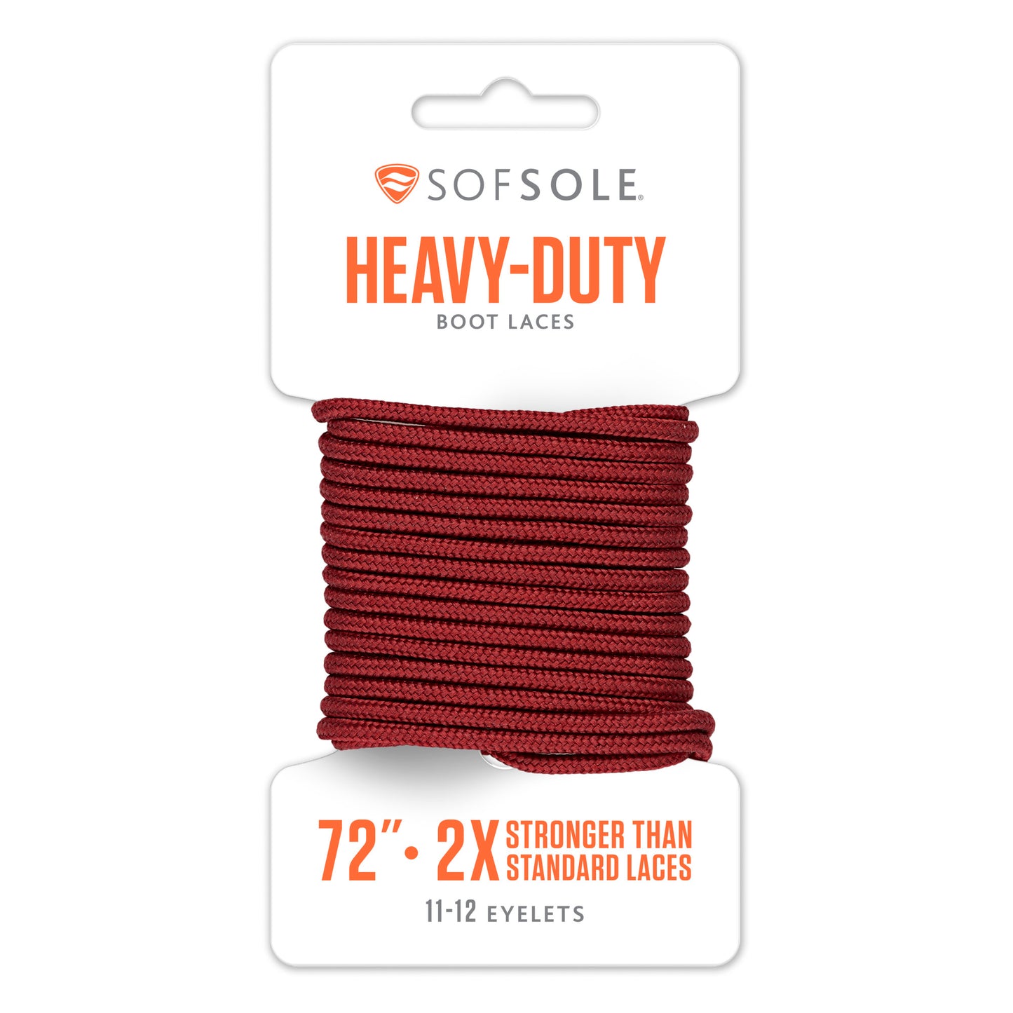 Red heavy-duty boot laces are coiled on a white packaging card for shoe eyelets.