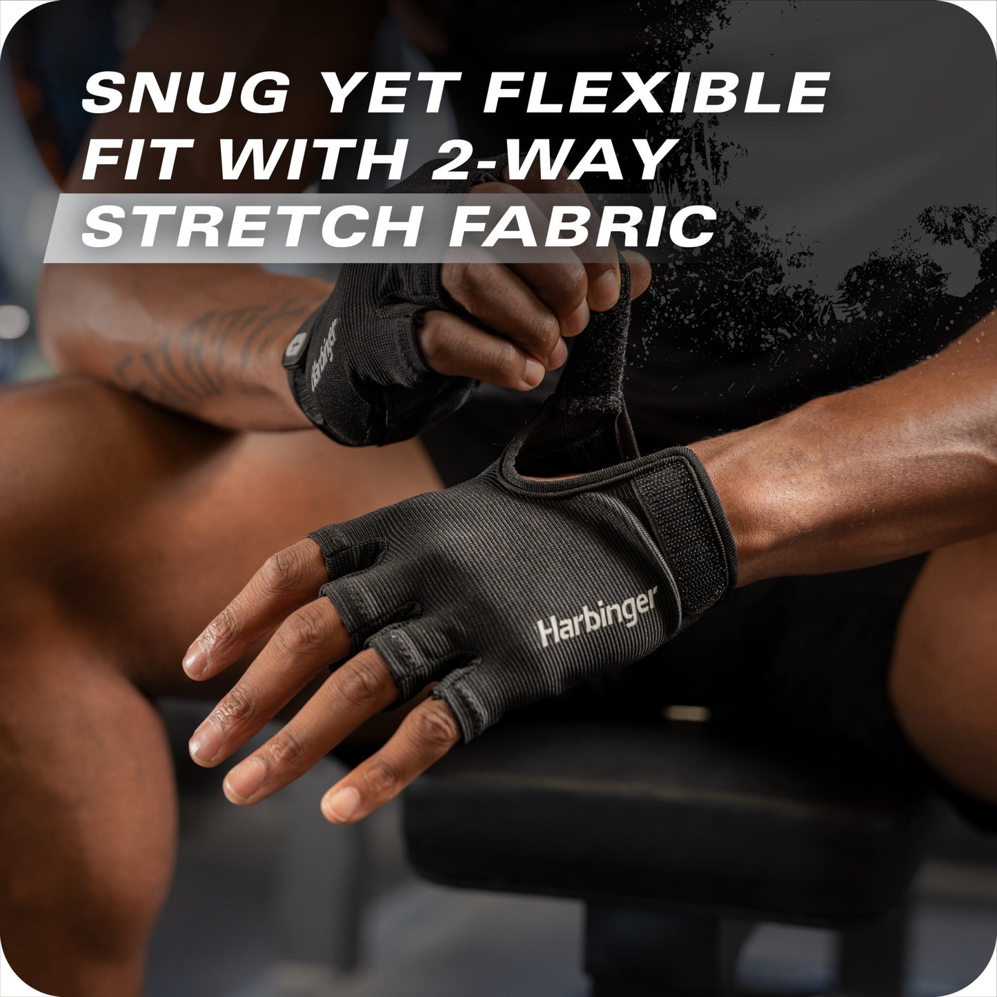 Glove shows flexibility and stretch fabric, worn by a person in workout environment.