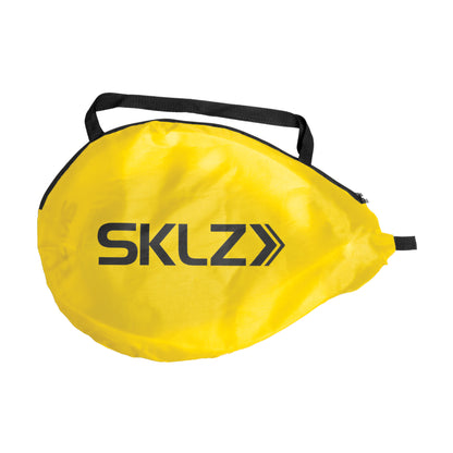 A yellow waterproof bag with black handle and zipper marked with SKLZ logo