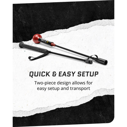 Image showing the SKLZ Cricket Bat Trainer's two piece design with overlay text highlighting easy setup and transport
