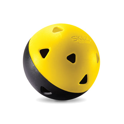 A yellow and black climbing helmet with ventilation holes on a white background