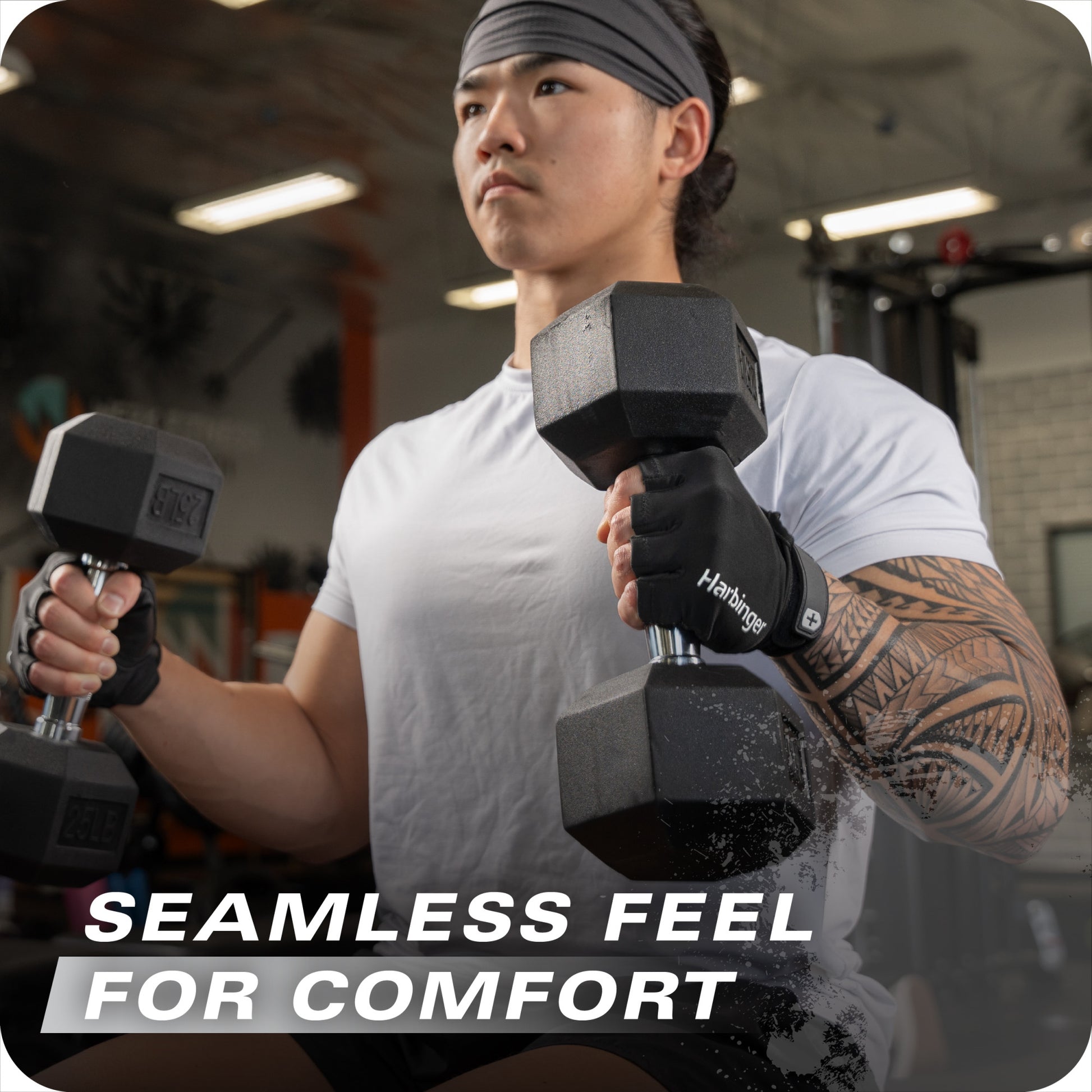 Man lifts dumbbells in gym with text indicating seamless feel for comfort.