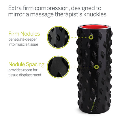 The foam roller with firm nodules and spaced ridges for muscle massage in a gym environment.