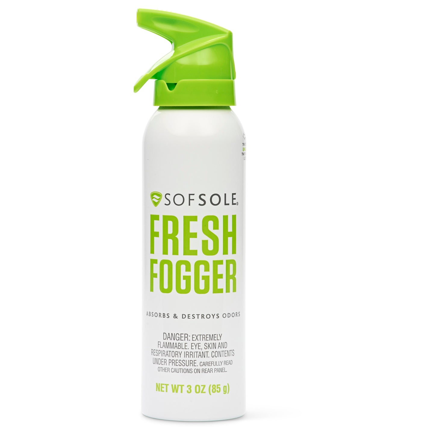 A white spray bottle with a green nozzle releases odor freshening spray in a product display.