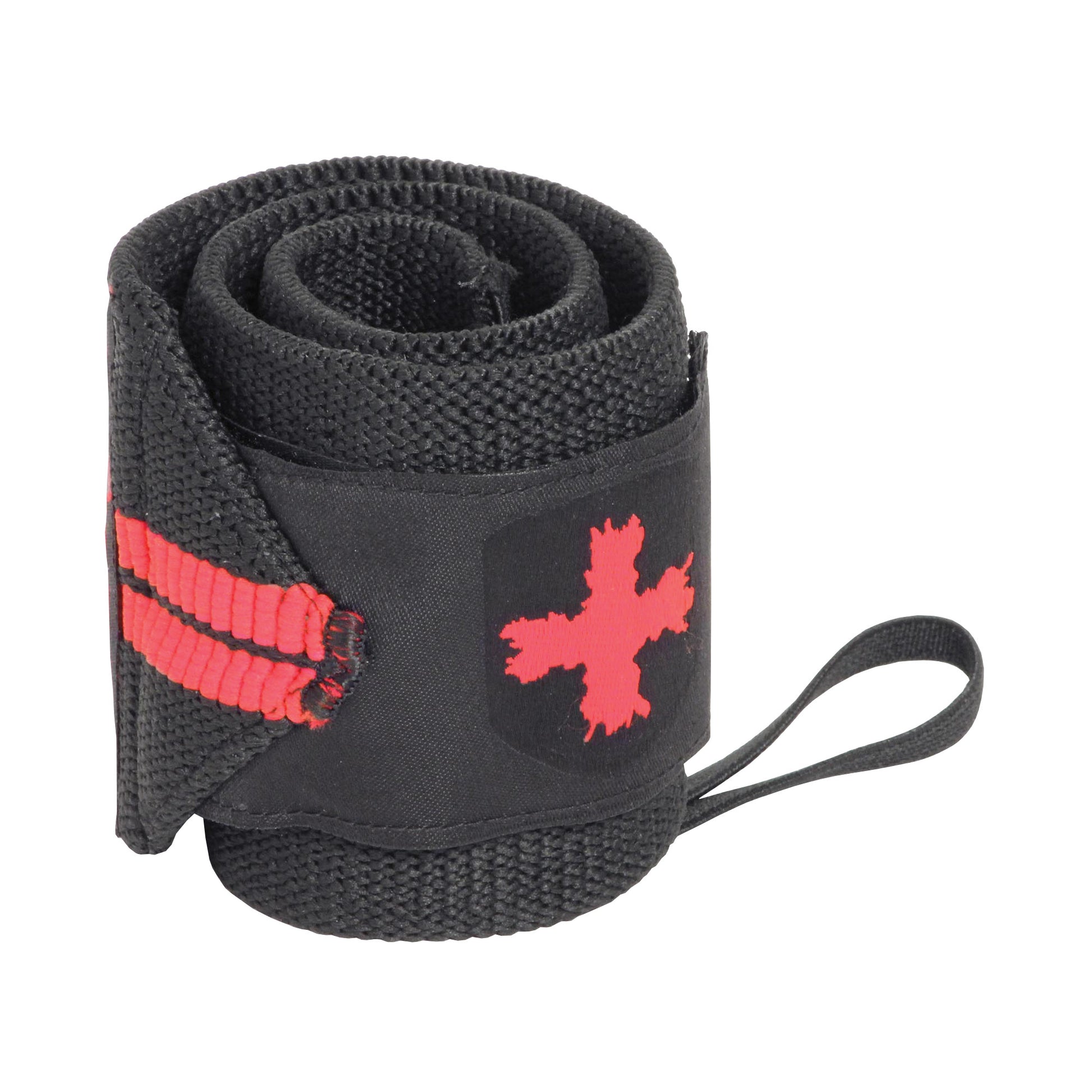 A wrist strap with a red logo is used to support the wrist during physical activity.