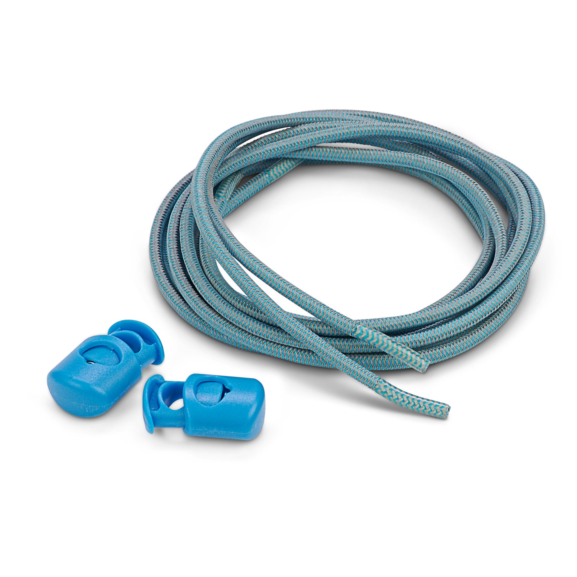 Climbing rope is coiled on a white background with blue plastic adjustable buckles nearby.