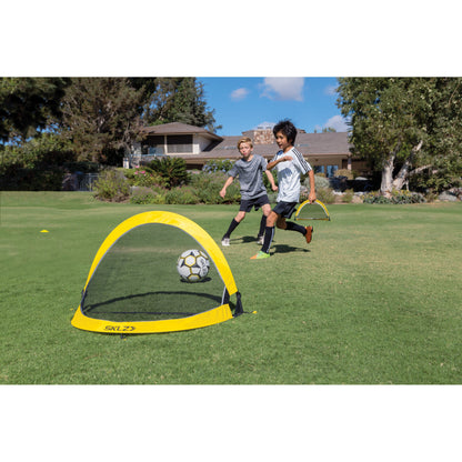 Kids kick soccer ball towards a goal on a grassy field in a park environment