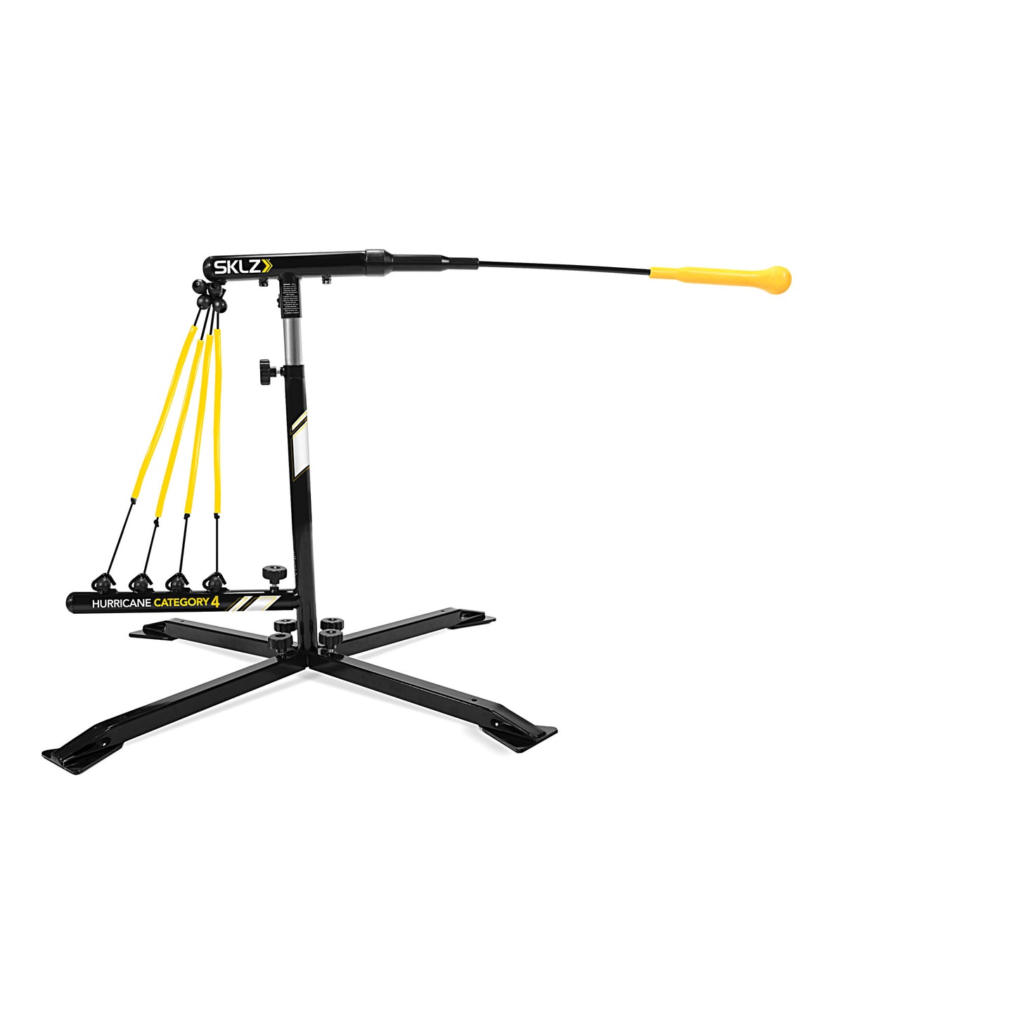 A golf swing trainer with yellow resistance cords on a stand against a white background