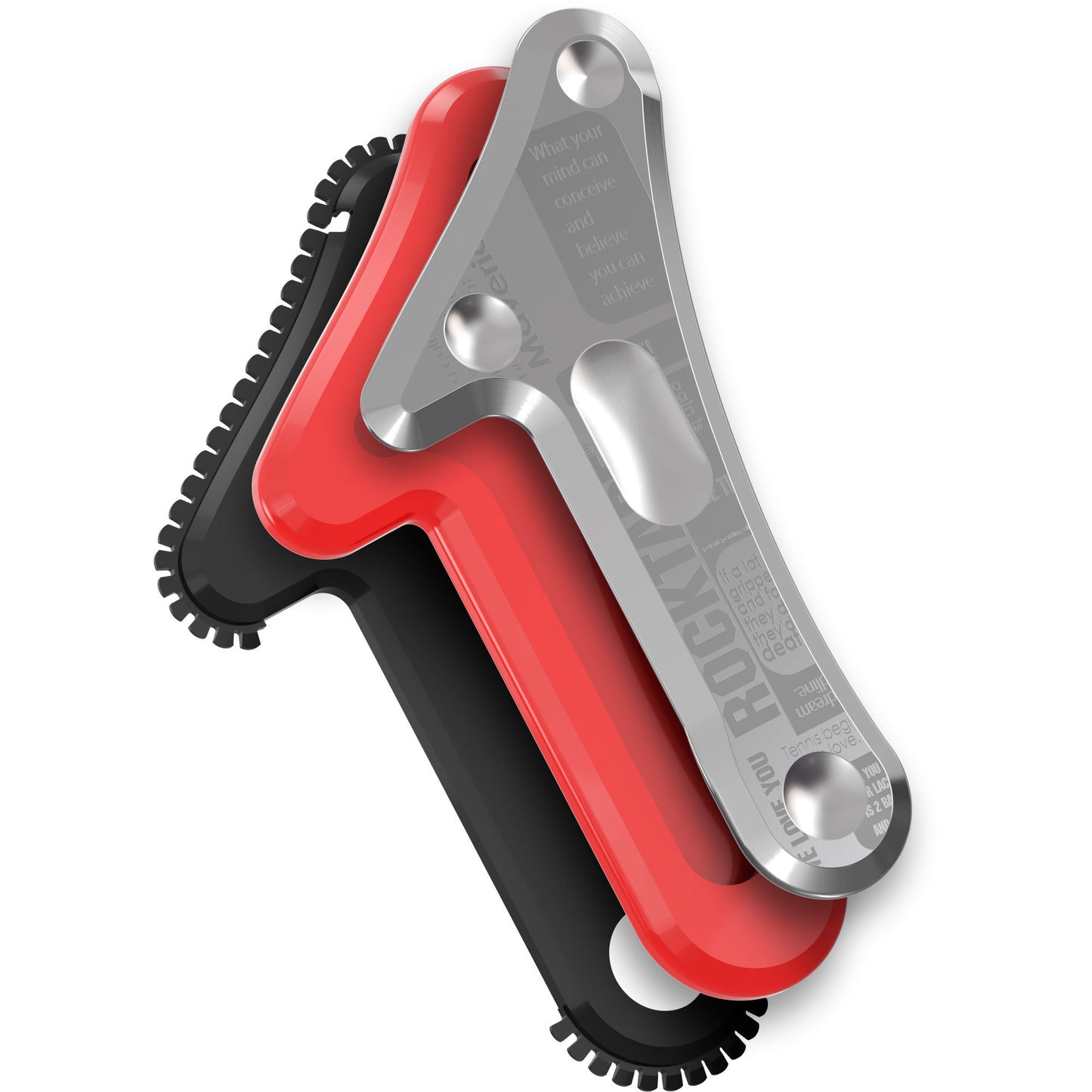 Multi-tool with a red and black handle using a metallic foldable tool in a workspace.