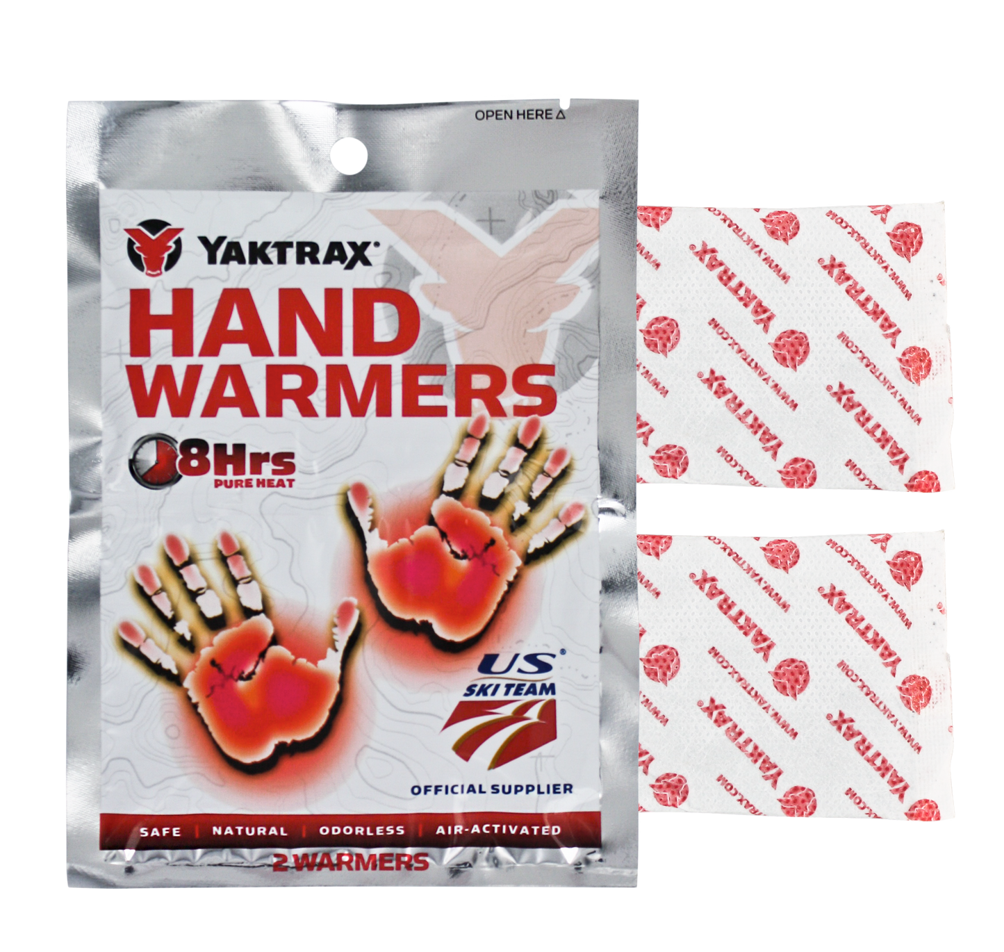 Packet of Yaktrax hand warmers releasing heat into a winter glove