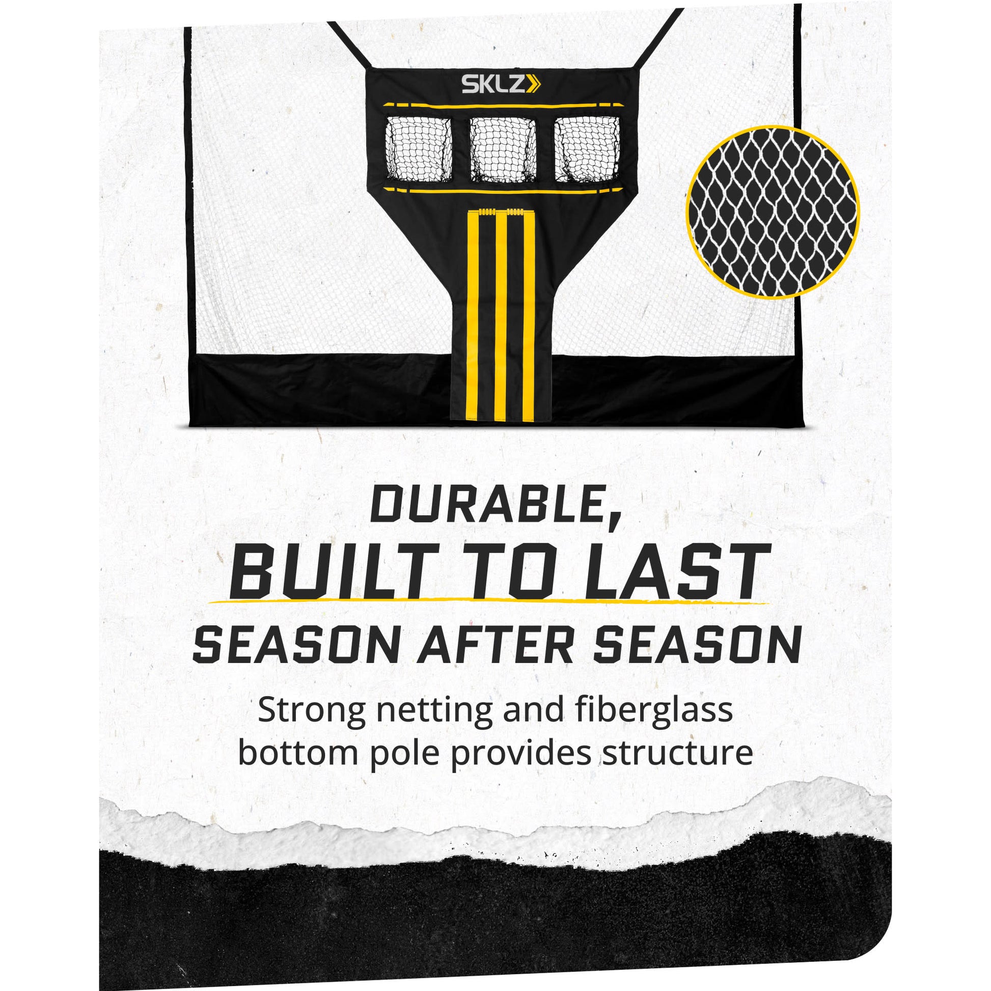 A hockey net remains sturdy with fiberglass bottom pole in a sports setting