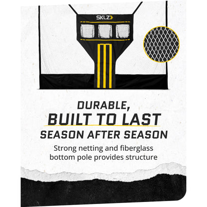 A hockey net remains sturdy with fiberglass bottom pole in a sports setting