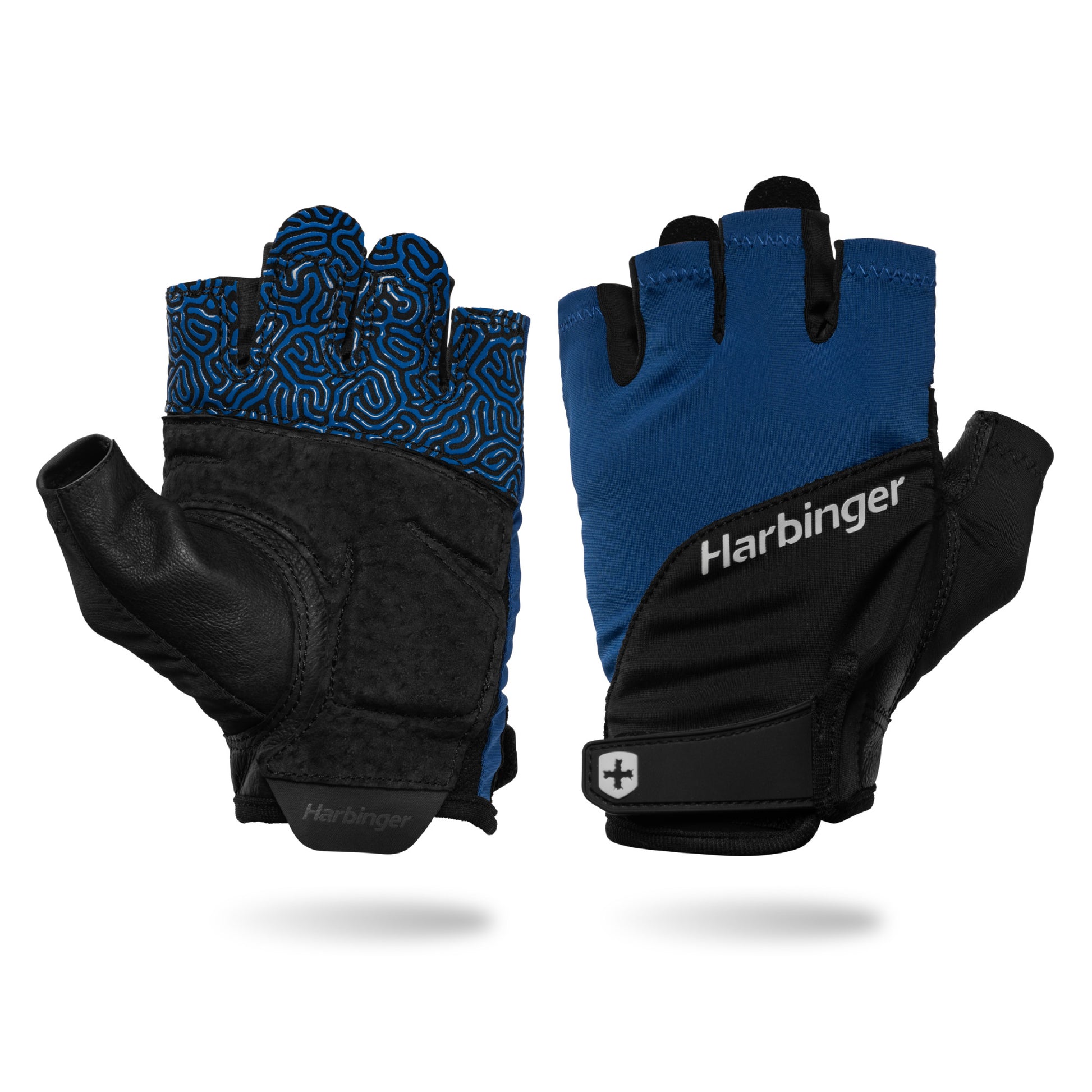 The cycling gloves are displayed with a black and blue design in a neutral environment.