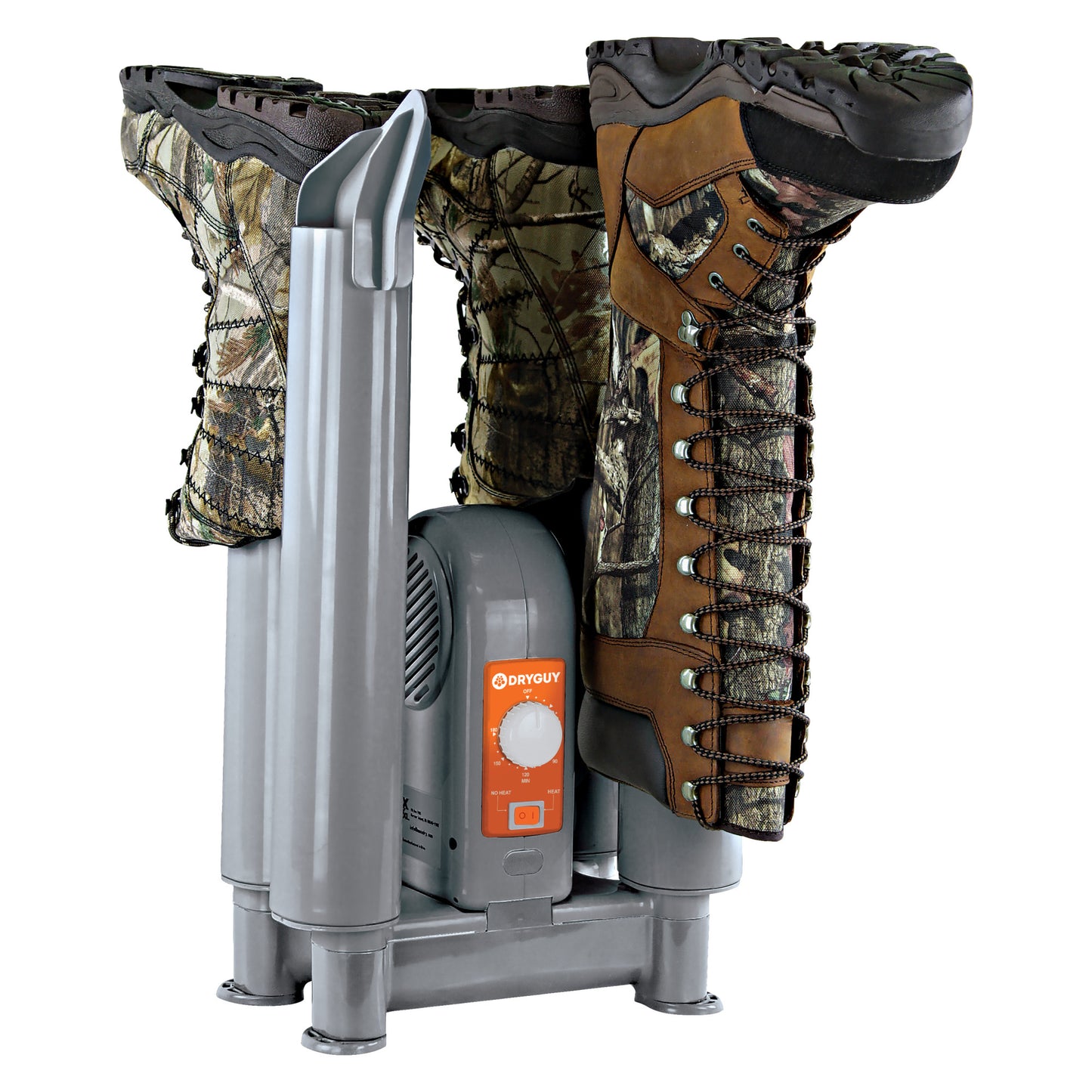 Camouflage boots dry in a portable drying device on a white background.