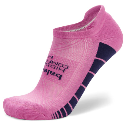 A pink athletic sock with black and pink accents resting on a white background.