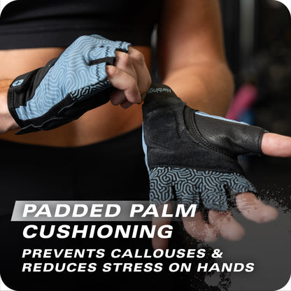Person puts on padded palm gloves to prevent calluses and reduce hand stress.