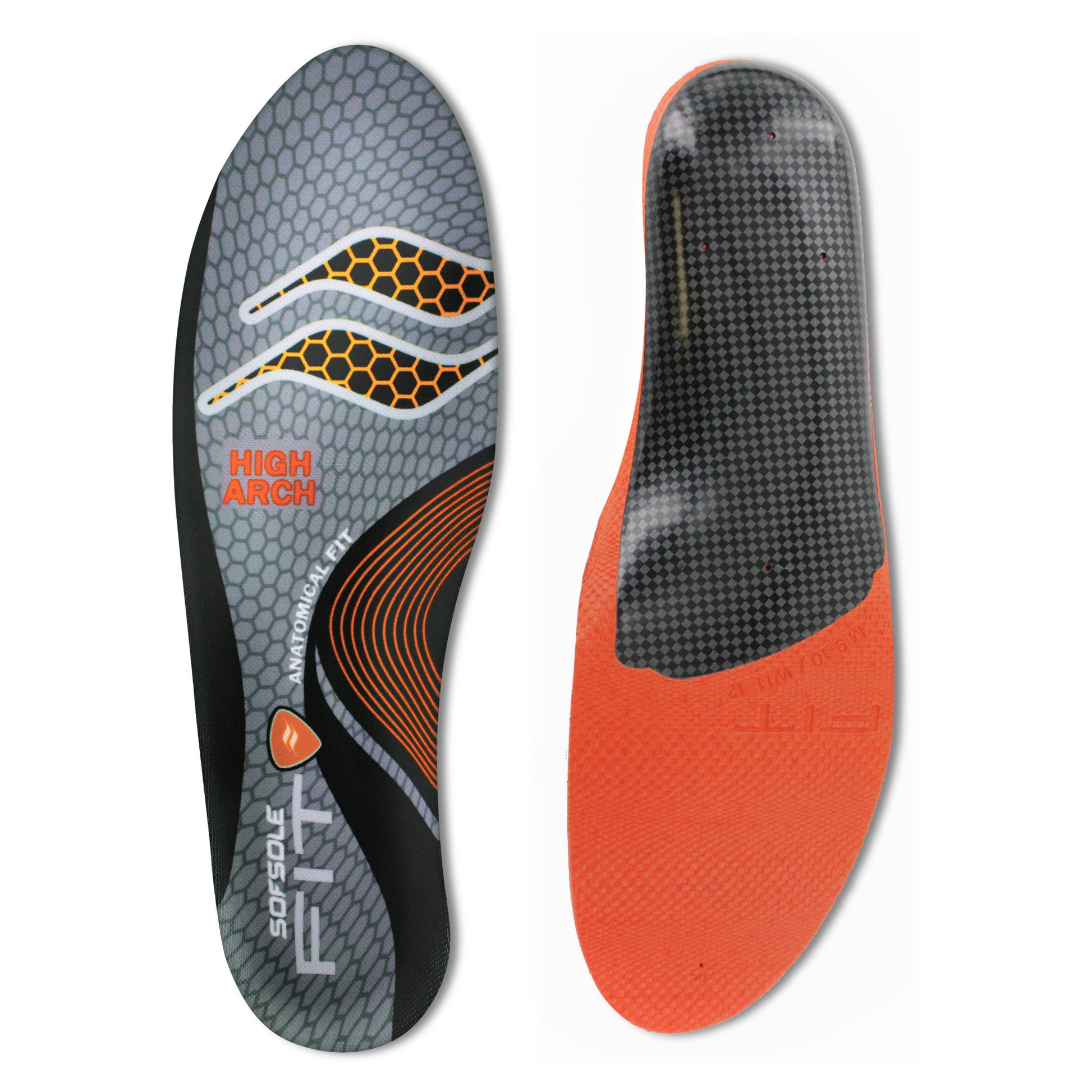 Orthopedic insoles support feet on a flat surface with textured and patterned surfaces.