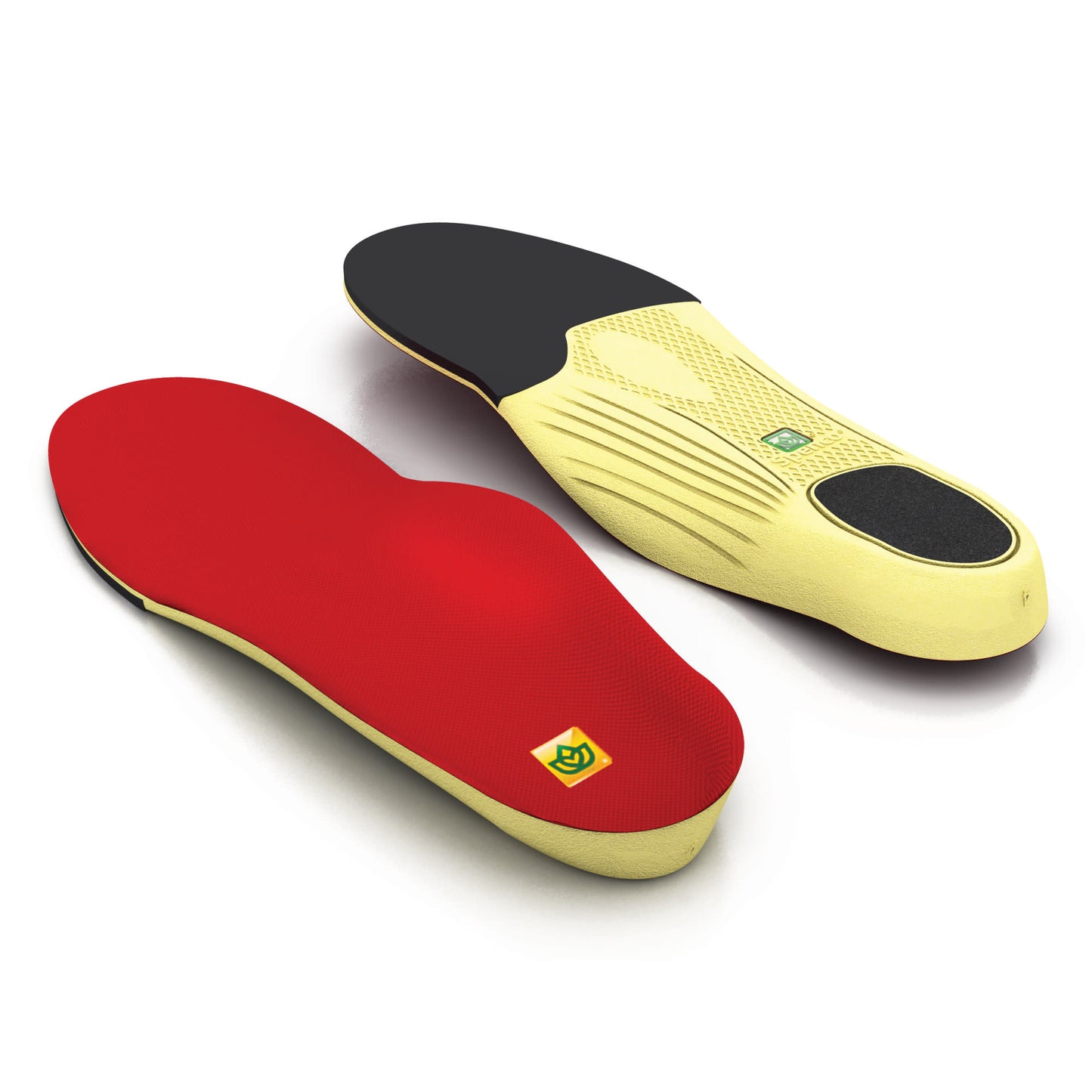 Shoe insoles are displayed, one shown from the sole side and one from the top, on a white background.
