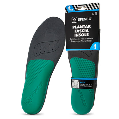 Insole shown front and back, displayed in packaging, designed for foot support.
