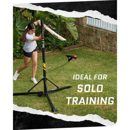 In use shot of female using SKLZ Cricket Bat-a-Way PTS swing trainer in backyard with overlay text highlighting solo training
