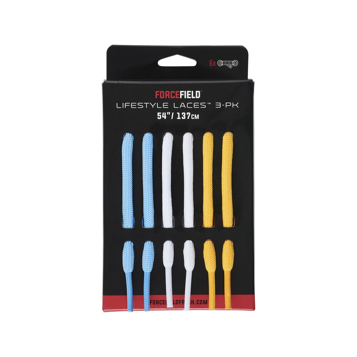 Shoe laces lie in packaging, three pairs in blue, white, yellow, displayed on black cardboard.