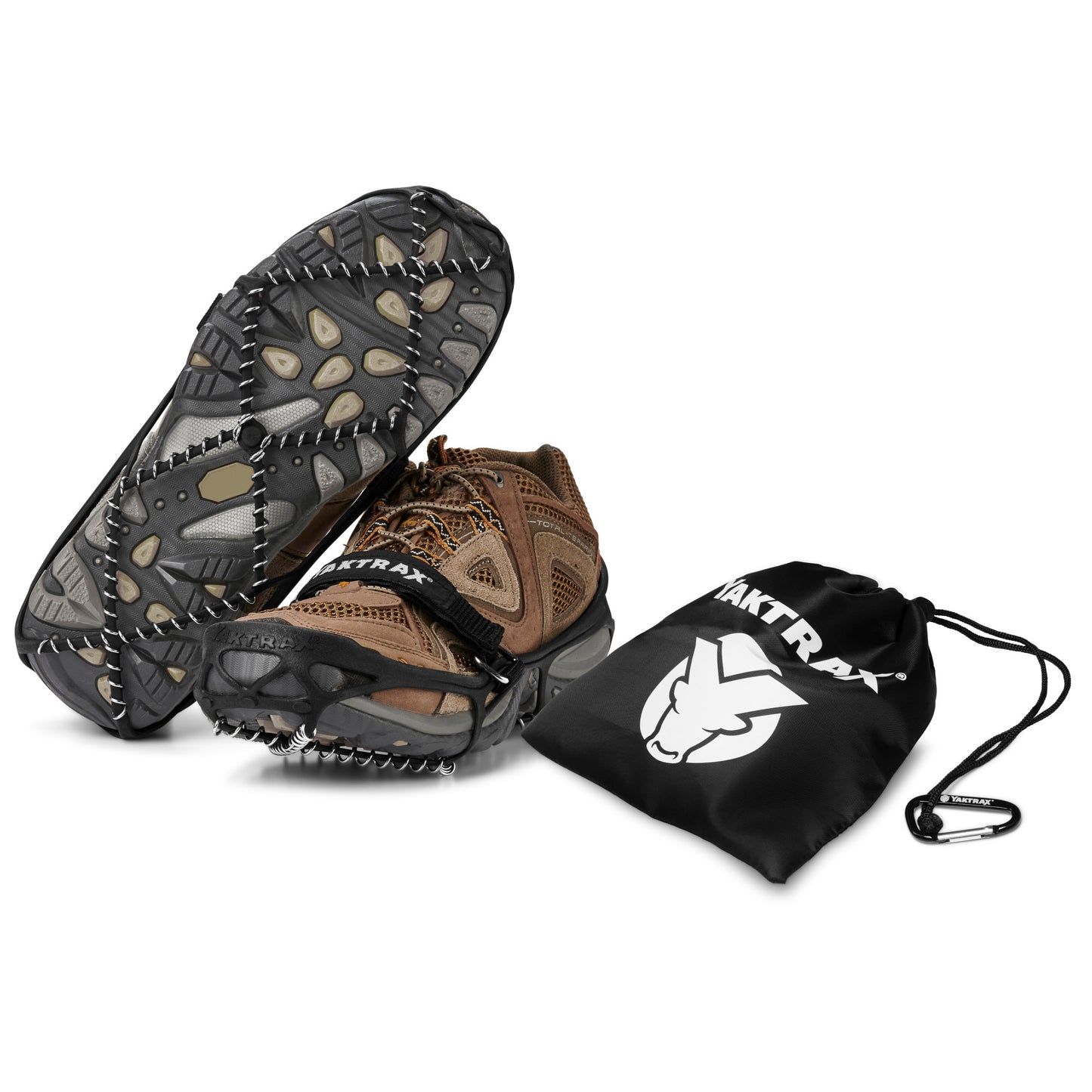 Snowshoes and gaiter with a logo are displayed on a plain white background.