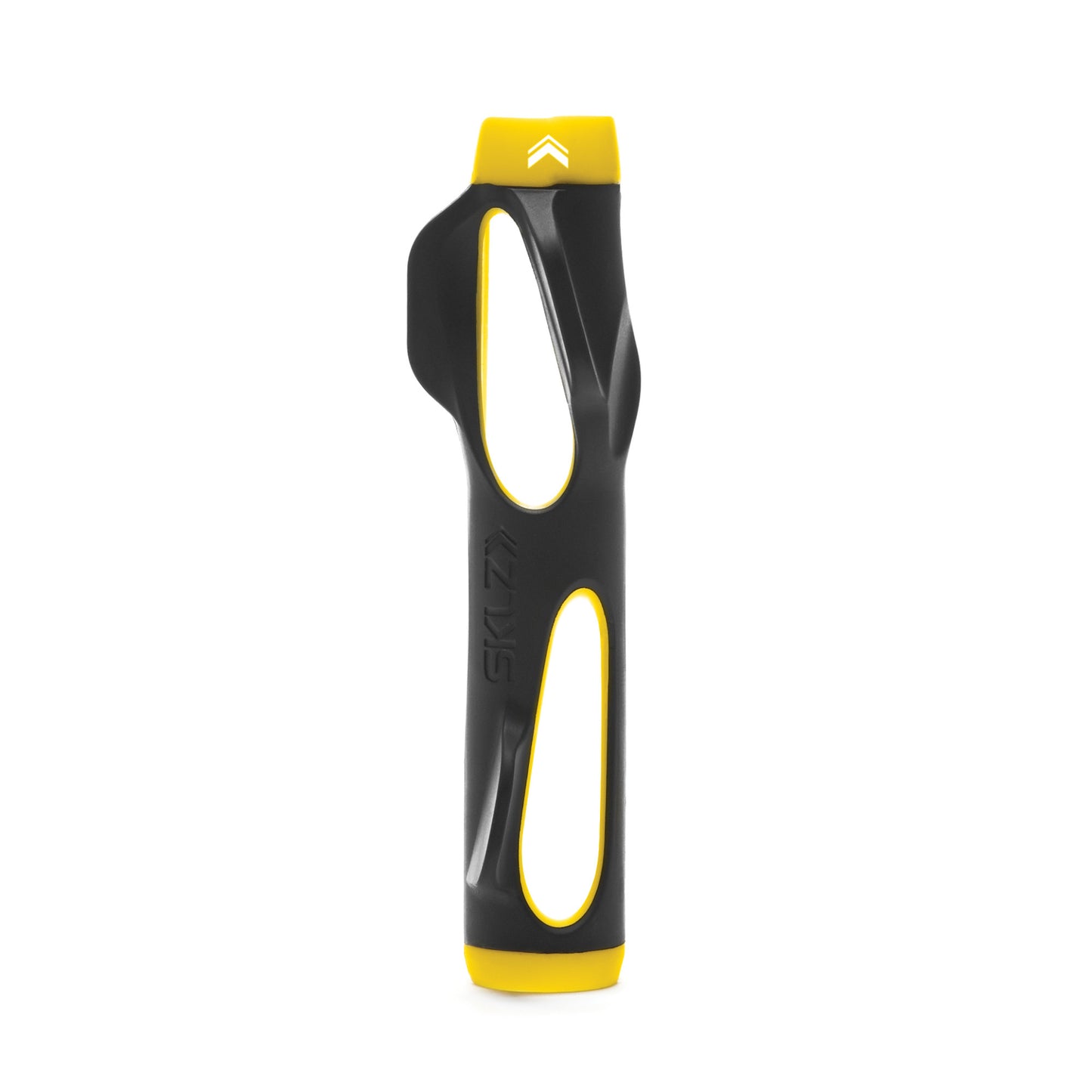 A black and yellow ice axe with a grip and pick for mountain climbing placed on white background