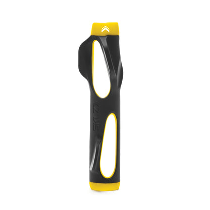 A black and yellow ice axe with a grip and pick for mountain climbing placed on white background