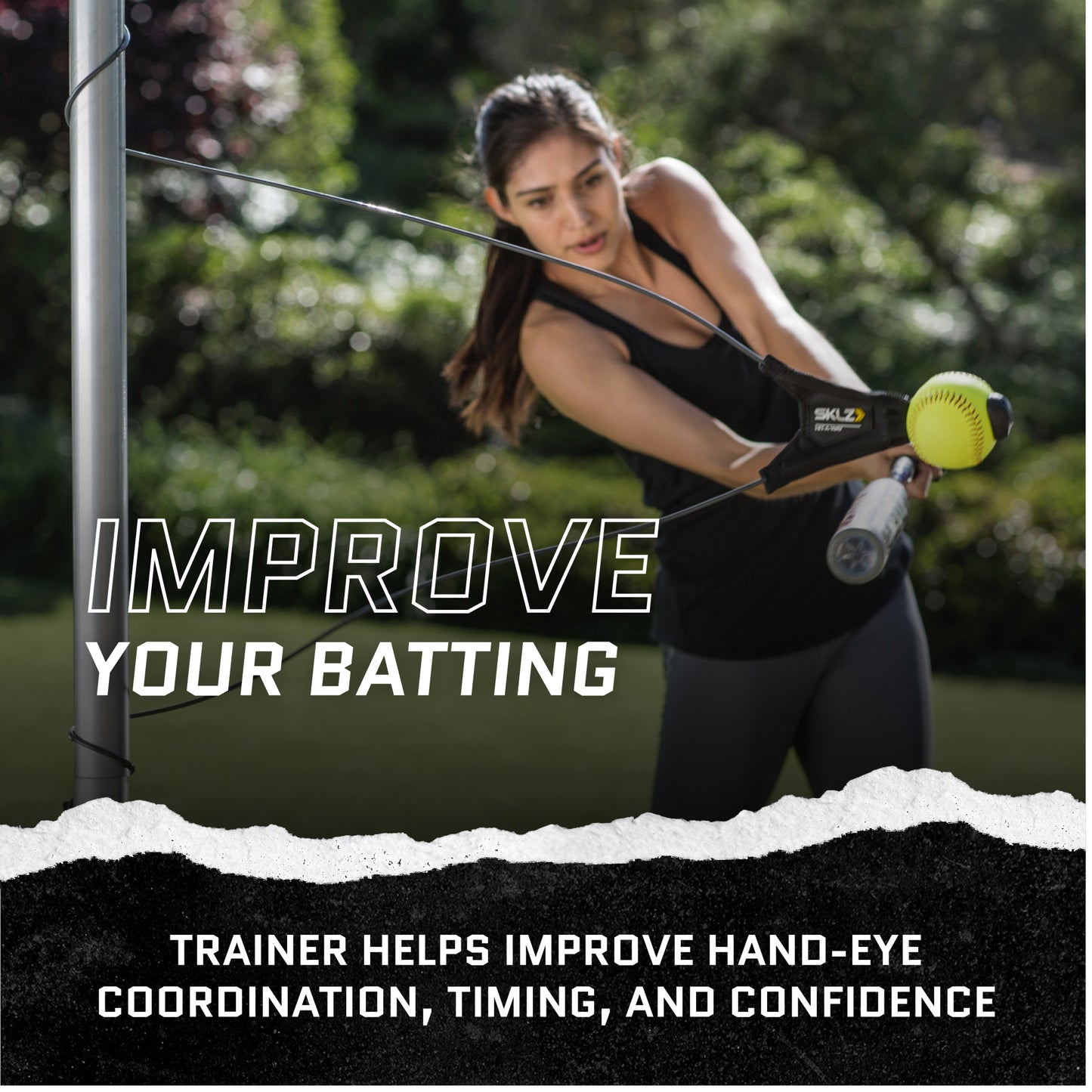 Woman practicing baseball swing with trainer outdoors to improve hand-eye coordination