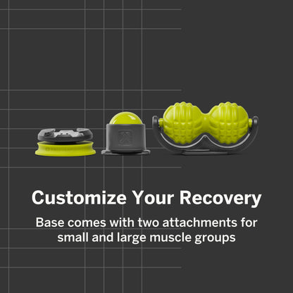 Objects are attachments for recovery devices in a fitness setting, designed for muscle groups.