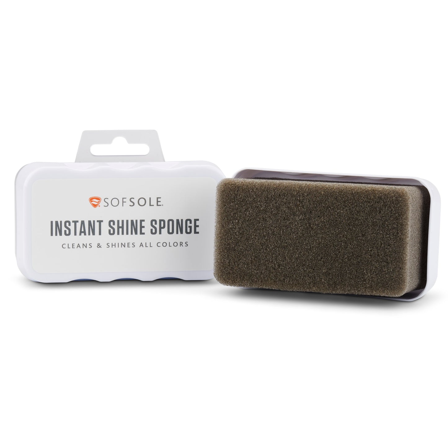 The sponge cleans and shines surfaces in a white container labeled SofSole Instant Shine Sponge.