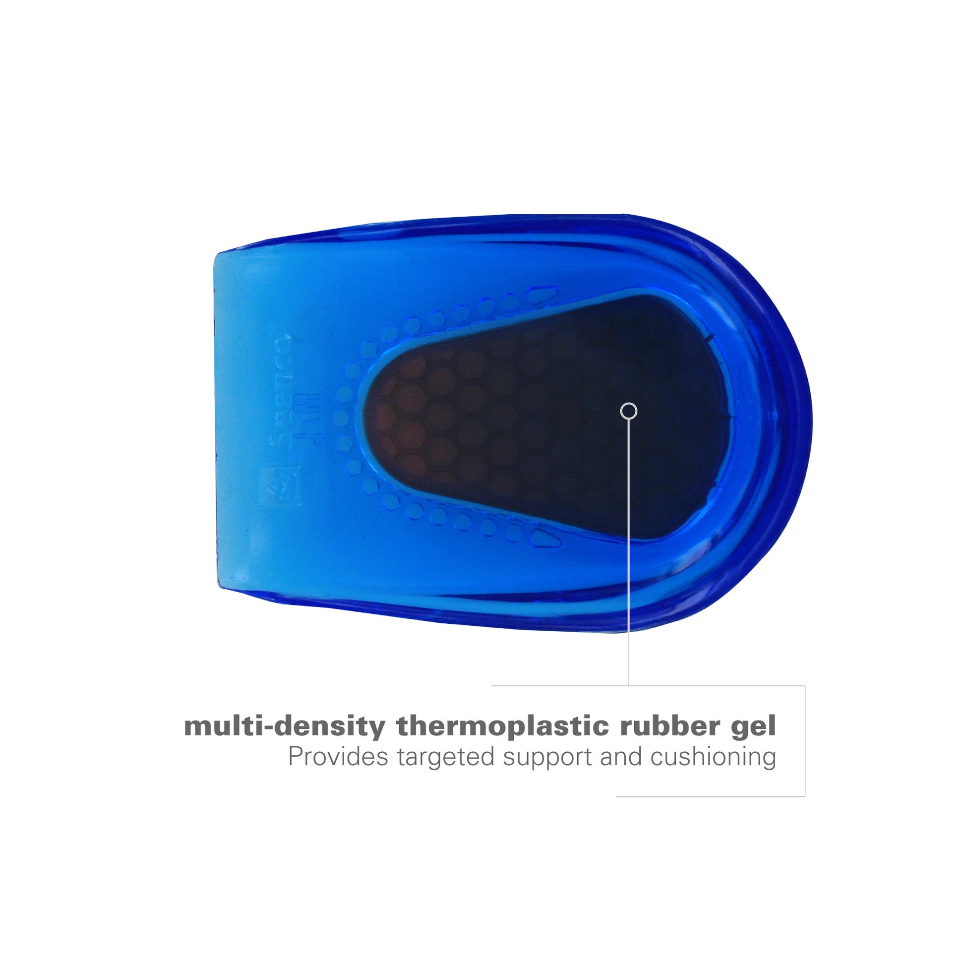A blue multidensity thermoplastic rubber gel provides targeted support and cushioning