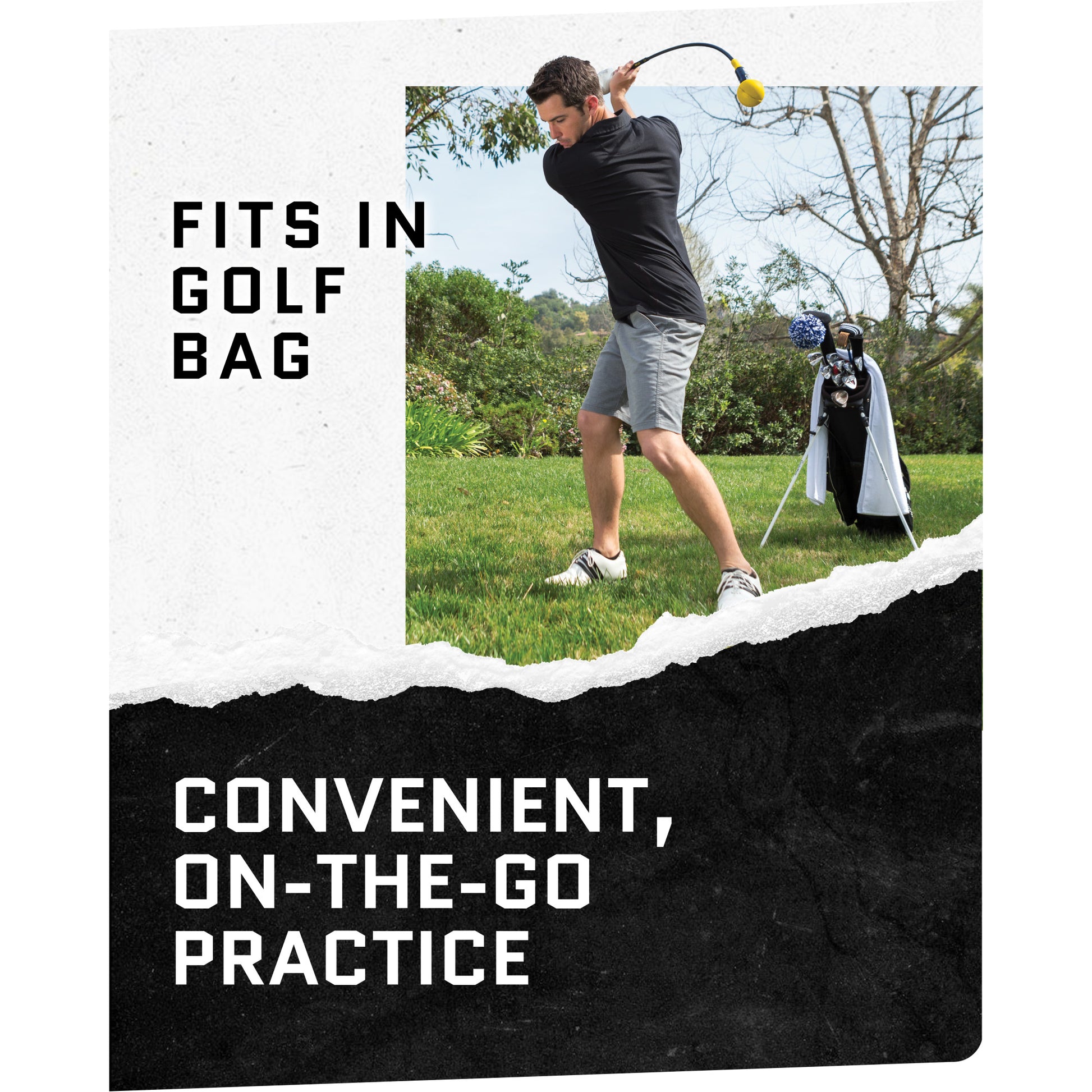 Golfer swings club near bag on grass for onthego practice