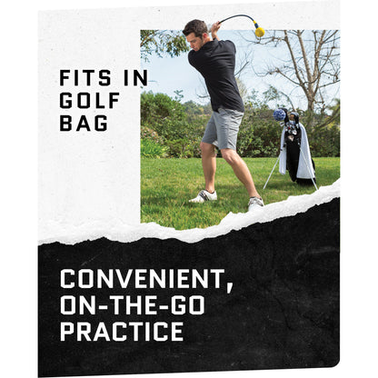 Golfer swings club near bag on grass for onthego practice