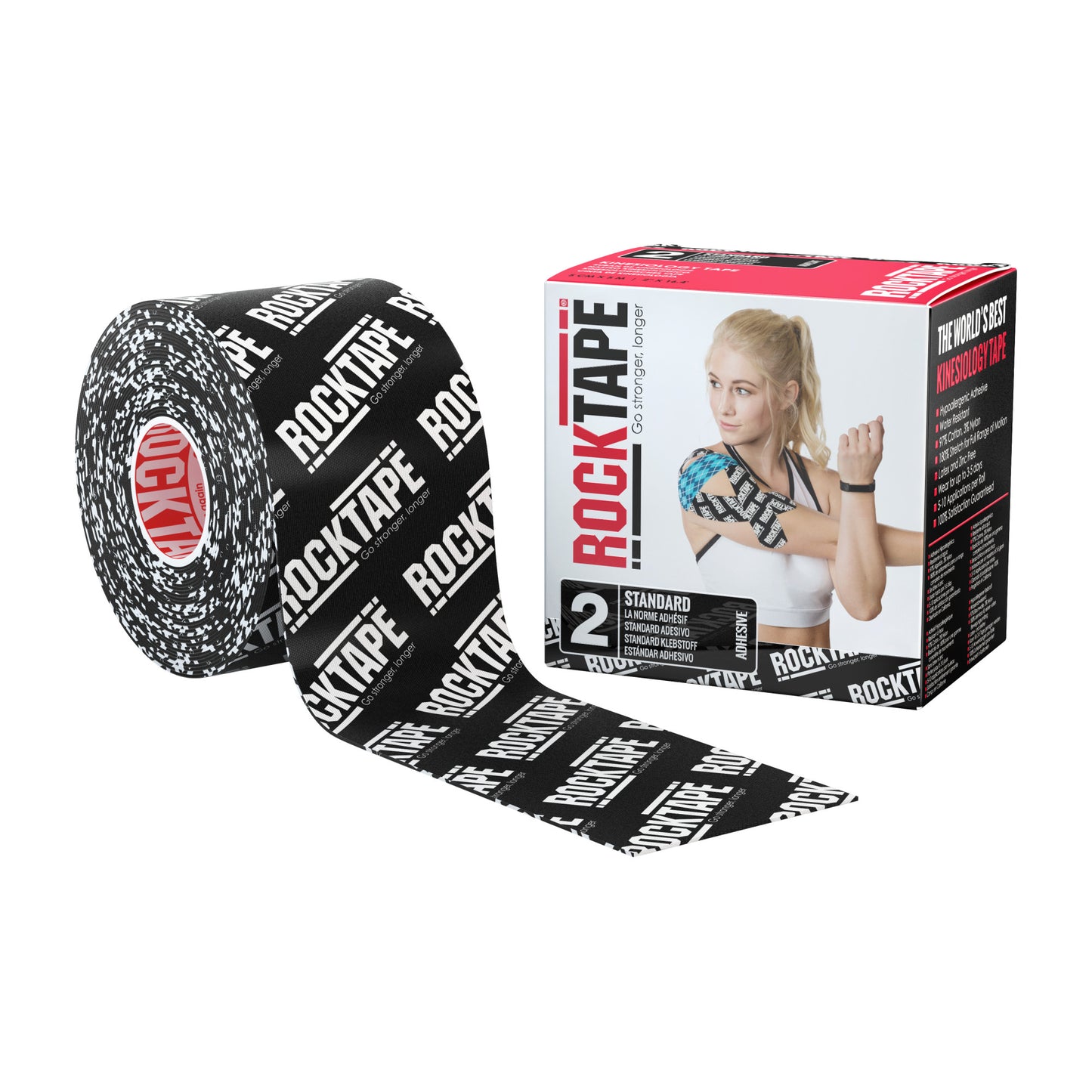 The roll of tape is unspooling onto a white surface, with a box displaying a woman demonstrating its use.