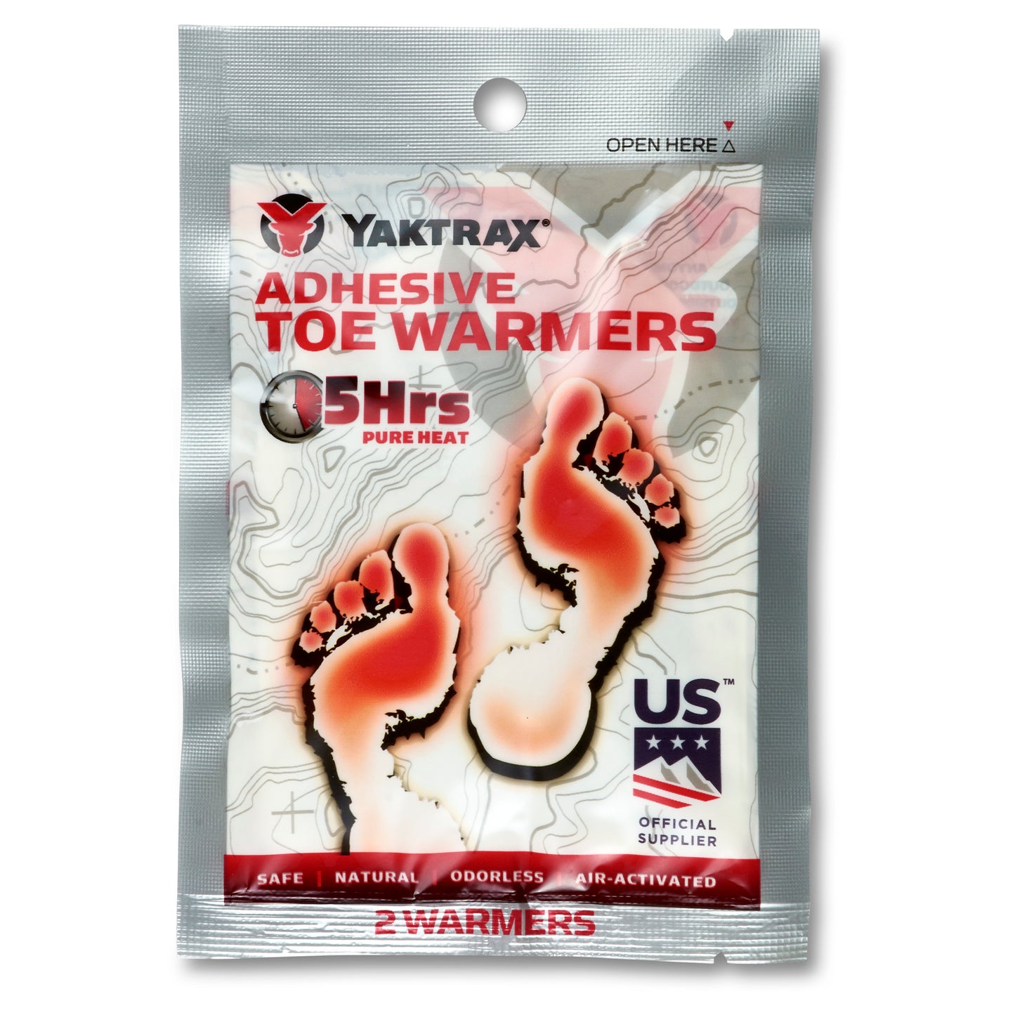 Adhesive toe warmers heat feet in cold weather outdoors.