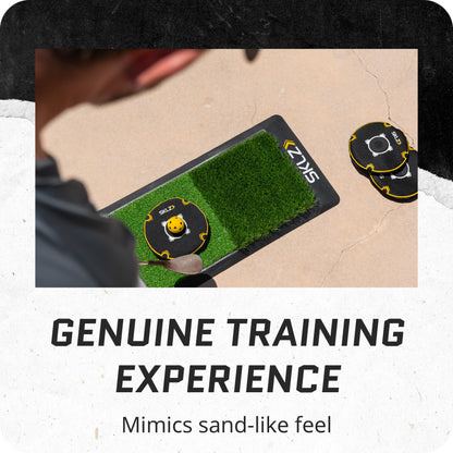 A person uses golf training equipment with sandlike texture for practice outdoors