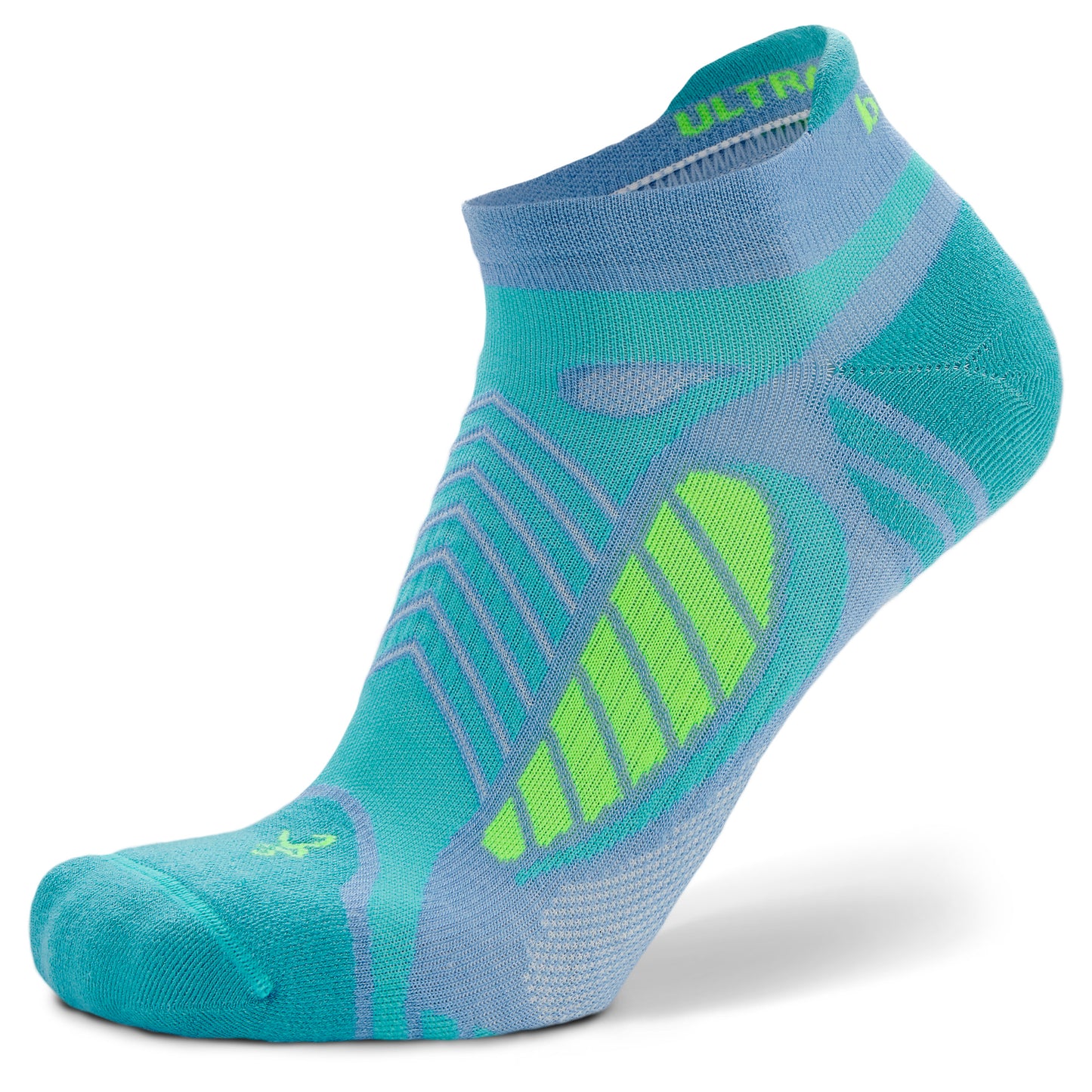 A running sock is displayed with a focus on design and material, isolated on a white background.