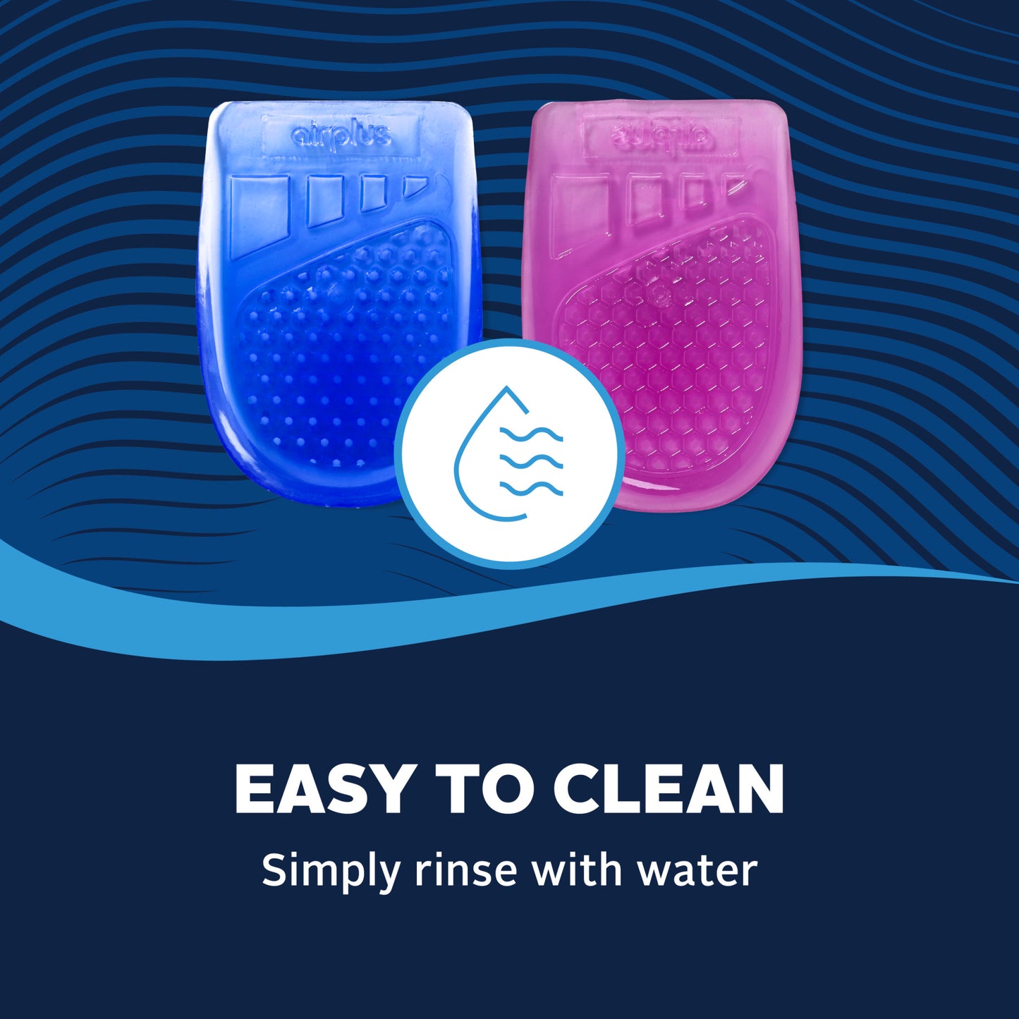 Blue and pink ice packs are shown on a wavy blue background with a water rinse icon and the text easy to clean.